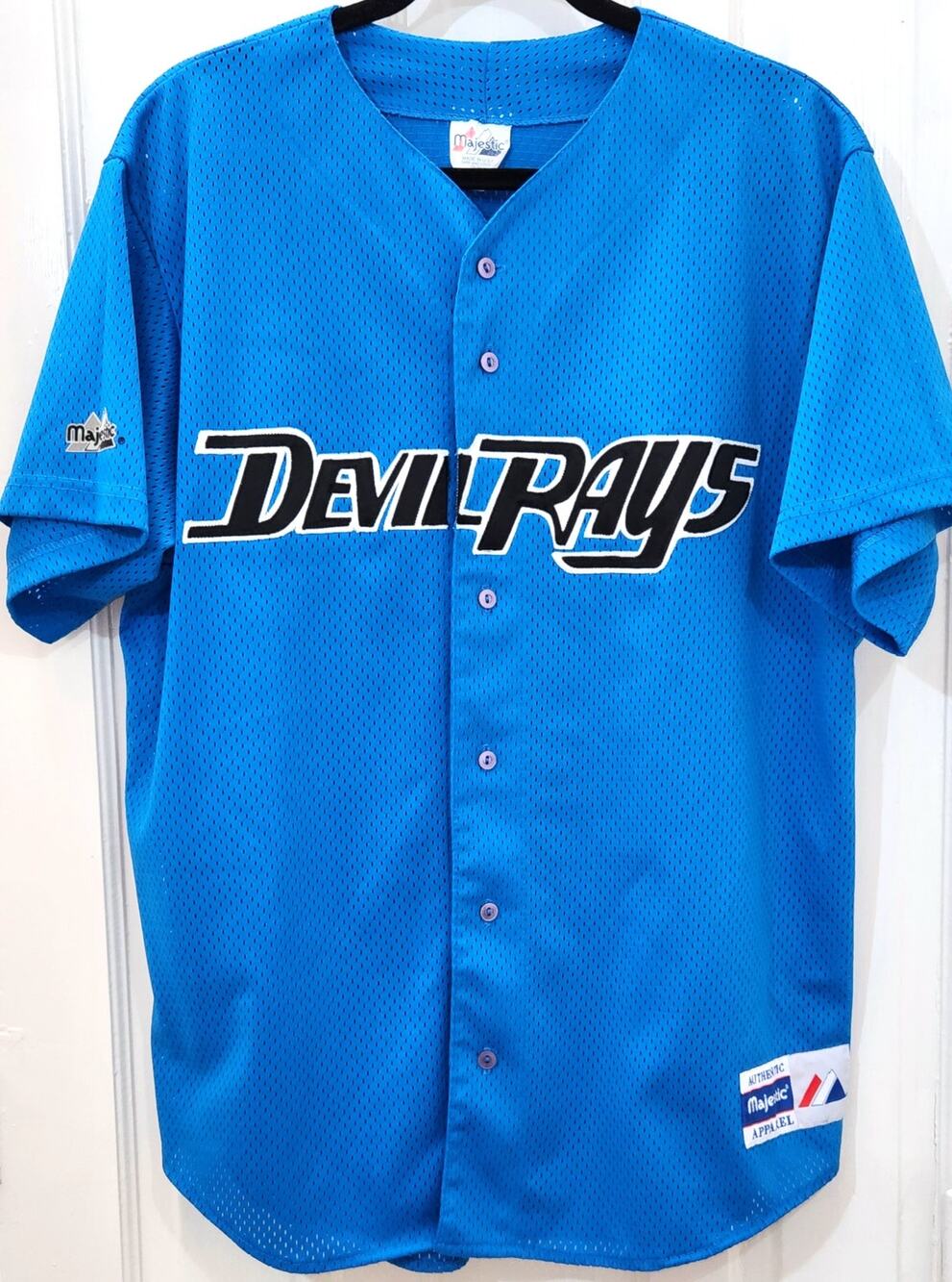 Tampa Bay Devil Rays 90s Majestic SKY blue BP jersey L mesh MLB baseball vtg